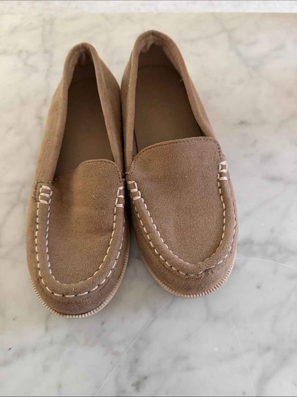 J. Crew Kids Suede Moccasins in Light Brown with White Stitching